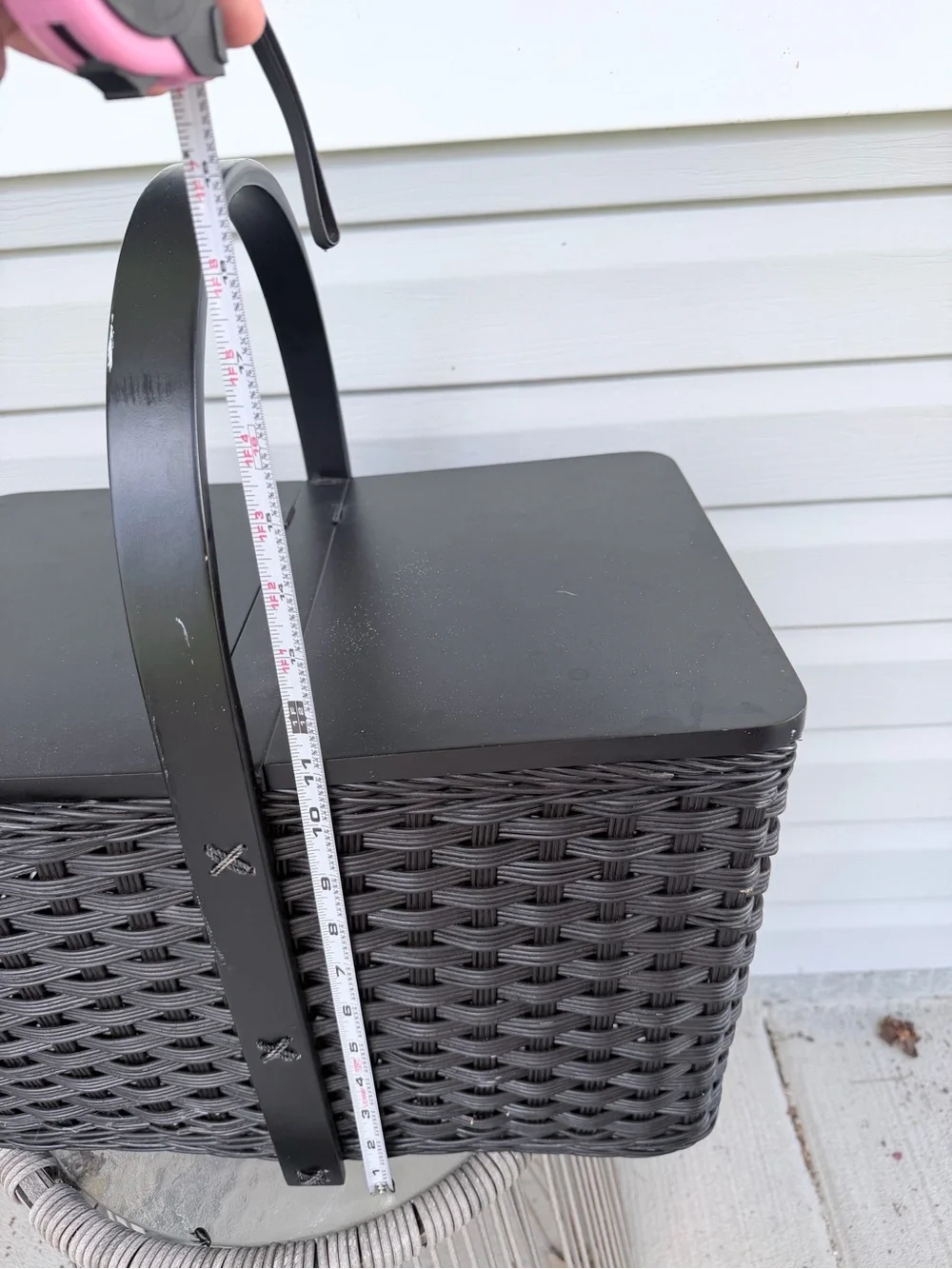 Gothic black picnic basket with wooden handle and wooden lid by pottery barn